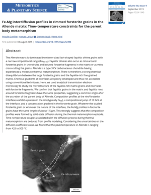 P. Cuvillier, H. Leroux, D. Jacob & P. Hirel. Fe‐Mg interdiffusion profiles in rimmed forsterite grains in the Allende matrix: Time–temperature constraints for the parent body metamorphism (2015) Meteoritics & Planetary Science  50 1529-1545 [doi: 10.1111/maps.12493]