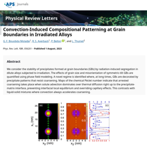 G. F. Bouobda Moladje, R. S. Averback, P. Bellon & L. Thuinet. Convection-Induced Compositional Patterning at Grain Boundaries in Irradiated Alloys (2023) Physical Review Letters  131 056201 [doi: 10.1103/physrevlett.131.056201]