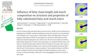 A. Vanmarcke, L. Leroy, G. Stoclet, L. Duchatel-Crépy, J.-M. Lefebvre, N. Joly & V. Gaucher. Influence of fatty chain length and starch composition on structure and properties of fully substituted fatty acid starch esters (2017) Carbohydrate Polymers  164 249-257 [doi: 10.1016/j.carbpol.2017.02.013]