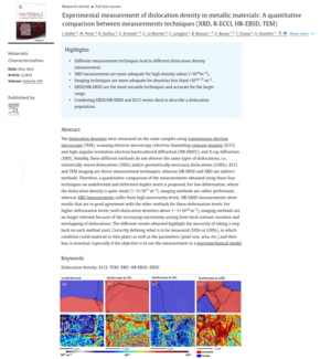 J. Gallet, M. Perez, R. Guillou, C. Ernould, C. Le Bourlot, C. Langlois, B. Beausir, E. Bouzy, T. Chaise & S. Cazottes. Experimental measurement of dislocation density in metallic materials: A quantitative comparison between measurements techniques (XRD, R-ECCI, HR-EBSD, TEM) (2023) Materials Characterization  199 112842 [doi: 10.1016/j.matchar.2023.112842]