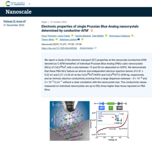 H. Therssen, L. Catala, S. Mazérat, T. Mallah, D. Vuillaume, T. Mélin & S. Lenfant. Electronic properties of single Prussian Blue Analog nanocrystals determined by conductive-AFM (2023) Nanoscale 15 19128-19138 [doi: 10.1039/d3nr04542k]