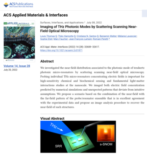 L. Thomas, T. Hannotte, C. N. Santos, B. Walter, M. Lavancier, S. Eliet, M. Faucher, J.-F. Lampin & R. Peretti. Imaging of THz Photonic Modes by Scattering Scanning Near-Field Optical Microscopy (2022) ACS Applied Materials & Interfaces  14 32608-32617 [doi: 10.1021/acsami.2c01871]